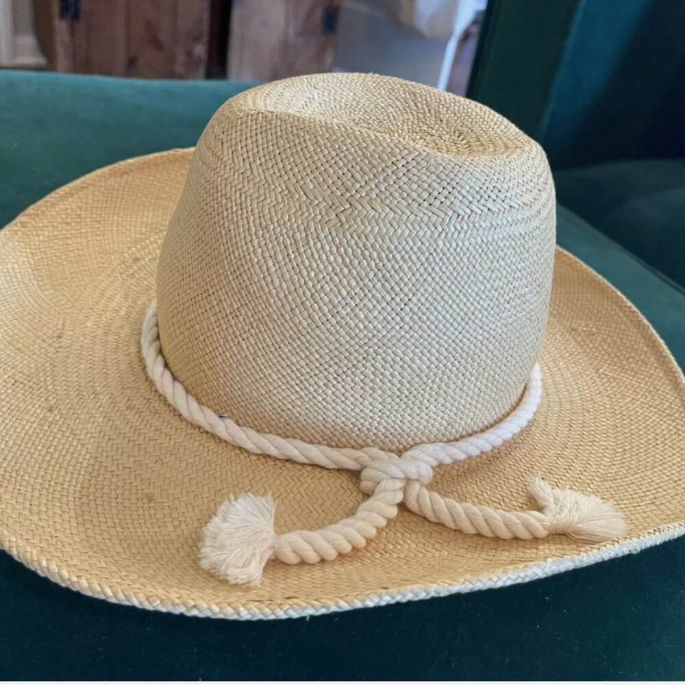 ALESSANDRA RIVERA STRAW HAT - NATURAL WHITE ROPE DETAIL CHIC DESIGNER - MEDIUM